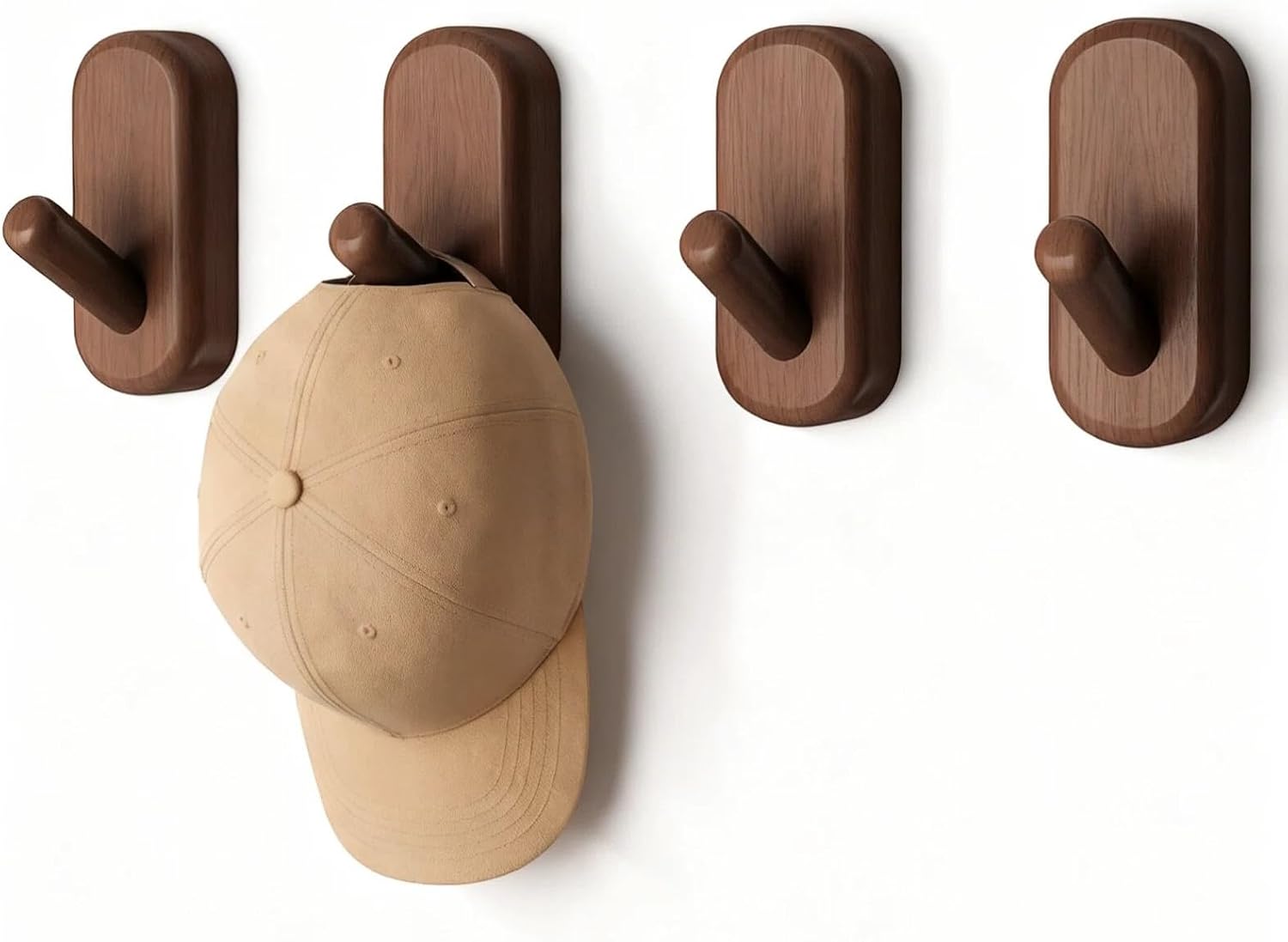 Wooden Wall Hooks for Hanging - 4 Pack Heavy Duty Coat Hooks Wall Mount- Solid Walnut Wood Hat, Bag, Backpack & Towel Hooks - Modern Key Holder for Bathroom & Entryway (Dark Walnut)