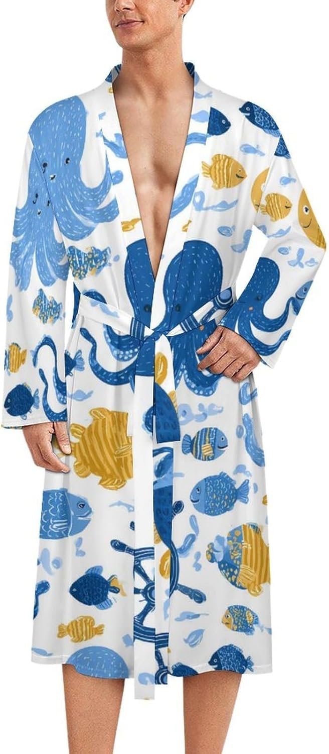 Octopuses Fish Ship Wheels Casual Robes Bathrobe Knee Length V-neck Loungewear Sleepwear