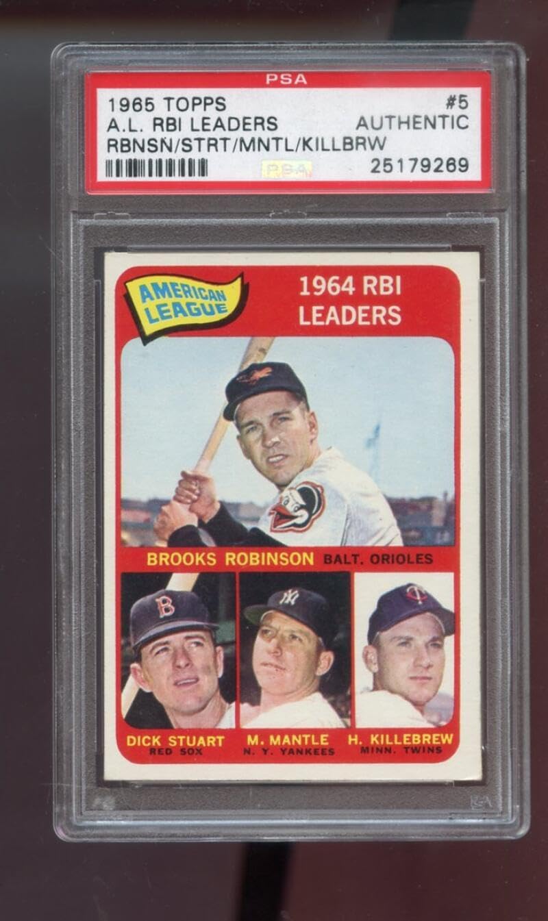 1965 Topps #5 A.L. RBI R.B.I. Leaders Mickey Mantle Harmon Killebrew Brooks Robinson Dick Stuart PSA AUTHENTIC Graded Baseball Card MLB AL American League Runs Batted In