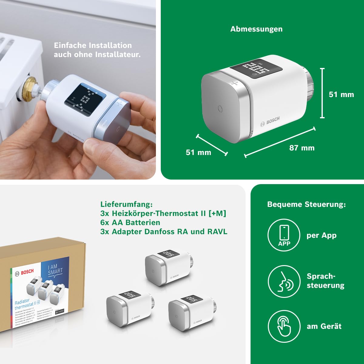 Bosch Smart Home Heizkörper-Thermostat II [+M], smartes Heizkörperthermostat für intelligentes Heizen & Energiesparen, mit Matter, App-Steuerung, kompatibel mit Apple Home, Google Home, Alexa, 3er Set