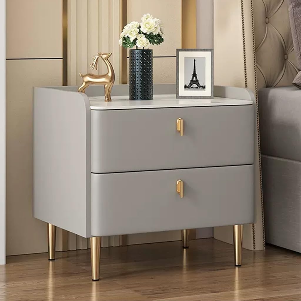 ASerZenith Nightstand Wrapped By Leather,Bedside Table W/Metal Handles And Marble Tabletop,Wood Night Stand 2 Drawer Dresser,Light Gray-45Cm