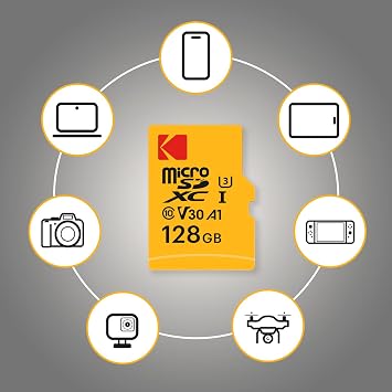 Smartree Kodak Mikro SD kart, 128 GB, UHS-I U3 V30 A1 microSDHC/XC – Mikro SD hafıza kartı – 95 MB/s'ye kadar okuma hızı – yazma hızı maks. 85 MB/s – ek bellek multimedya cihazları