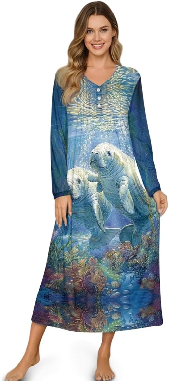 WELLFLYHOM Women's Nightgown Sleepwear Long Sleeve Sleepdress S-4XL Pullover Oversized Loungewear House Dress Sleep Shirt
