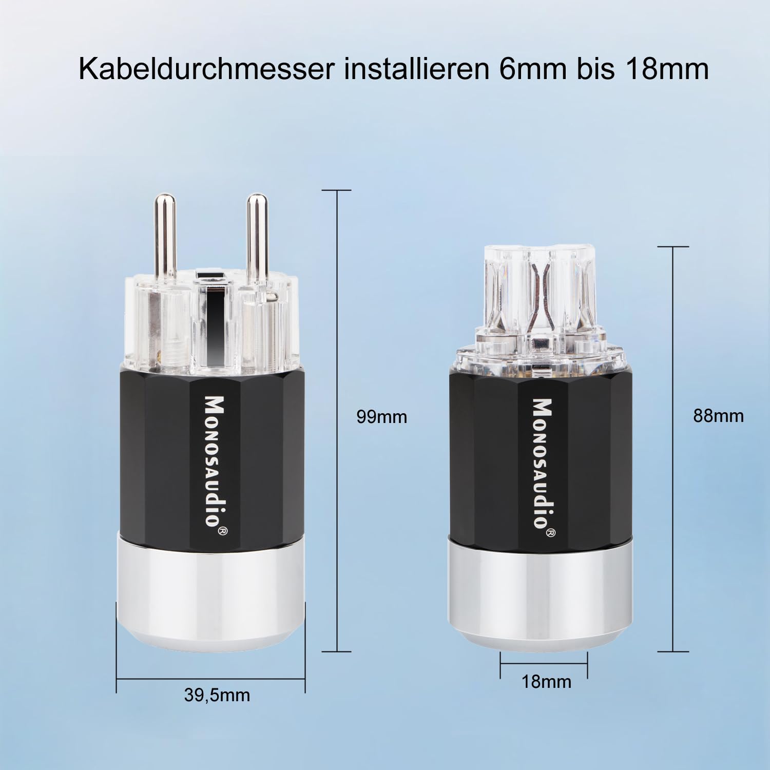 Monosaudio Paar HiFi Schukostecker & IEC C15 Anschluss High-End Kaltgeräte-Stecker Buchse Steckdose 16A 250V Audiophiler Netzstecker Kupplung Rhodiniert E109R/F109R
