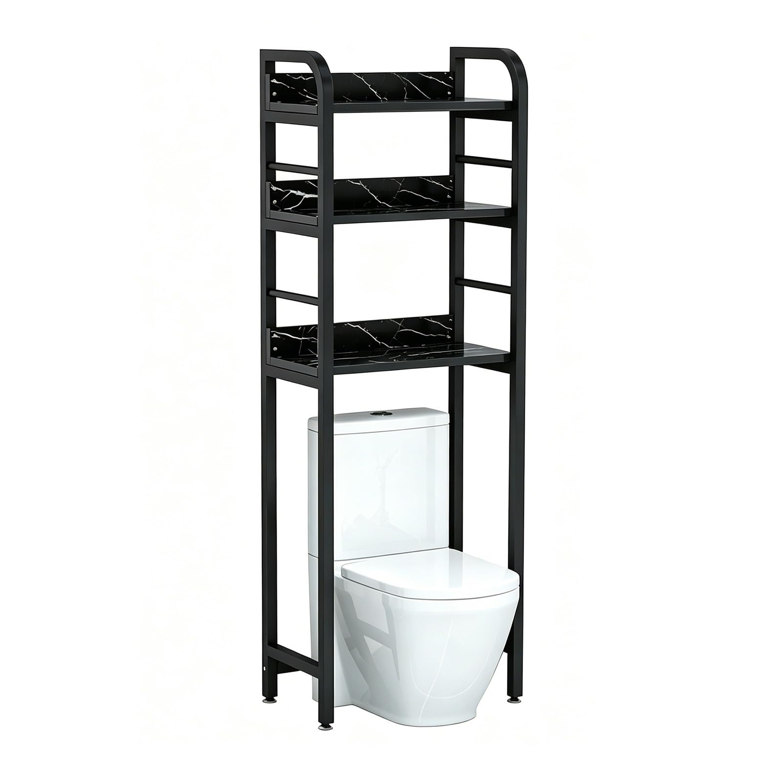 Freestanding Over Toilet Storage Shelf, No Drilling Bathroom Organizer, 2-Tier Metal Space Saver Rack, Adjustable Shelf for Small Space(3-tier,Black+Black Marble 19.7x11.4x55.1in)