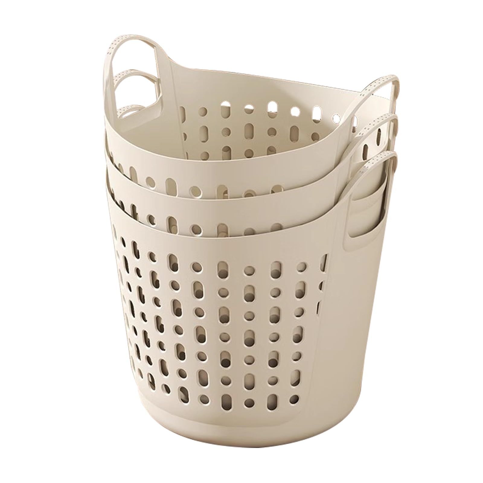 Großer Wäschekorb aus Kunststoff mit Griffen, atmungsaktives Design für Badezimmer, Studentenwohnheim und Waschküchenorganisation (3er-Set, Beige)