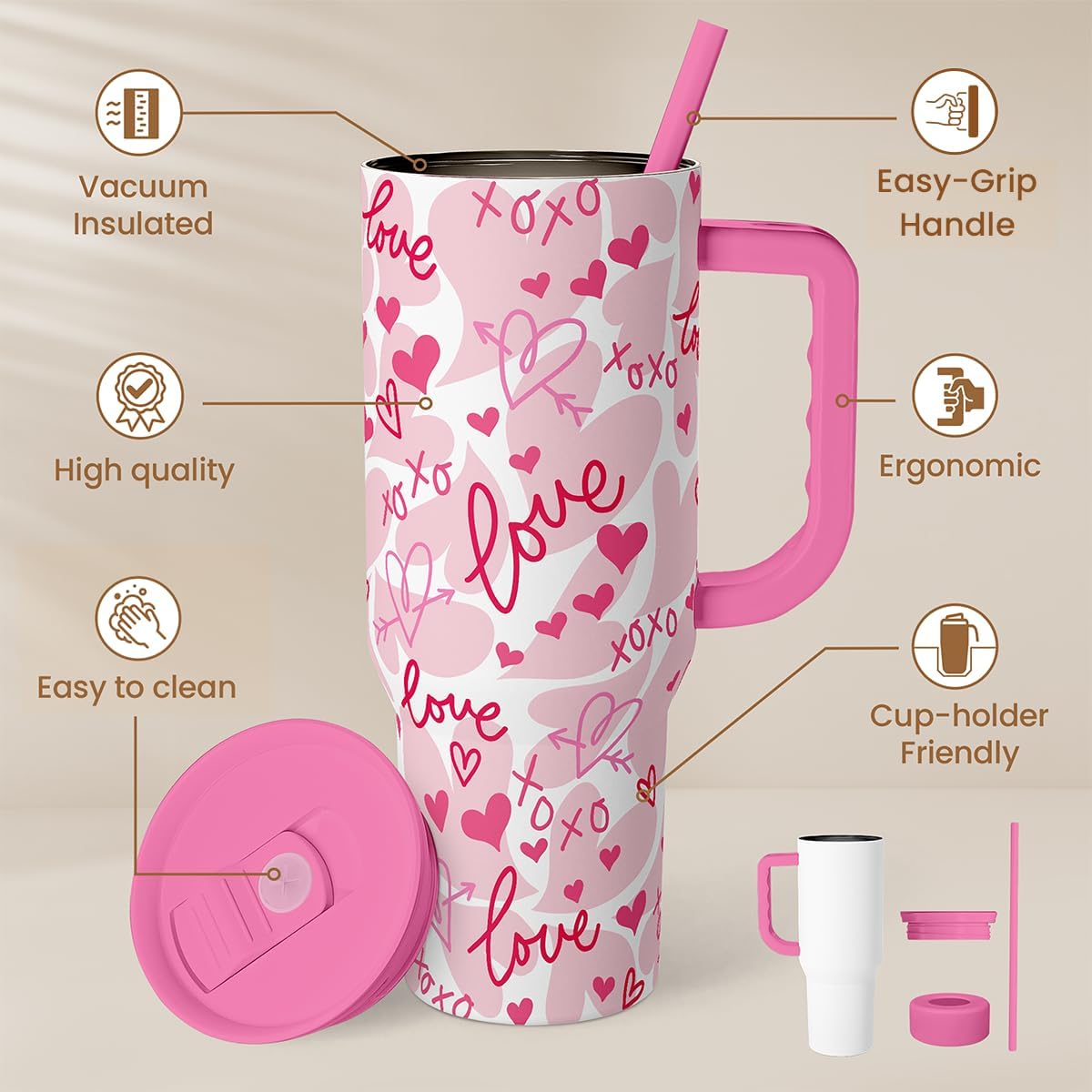 Heart Tumbler with Handle 40oz, Valentines Stainless Steel Insulated Tumblers Coffee Travel Cup with Straw Lid, Gifts for Women Girl Love