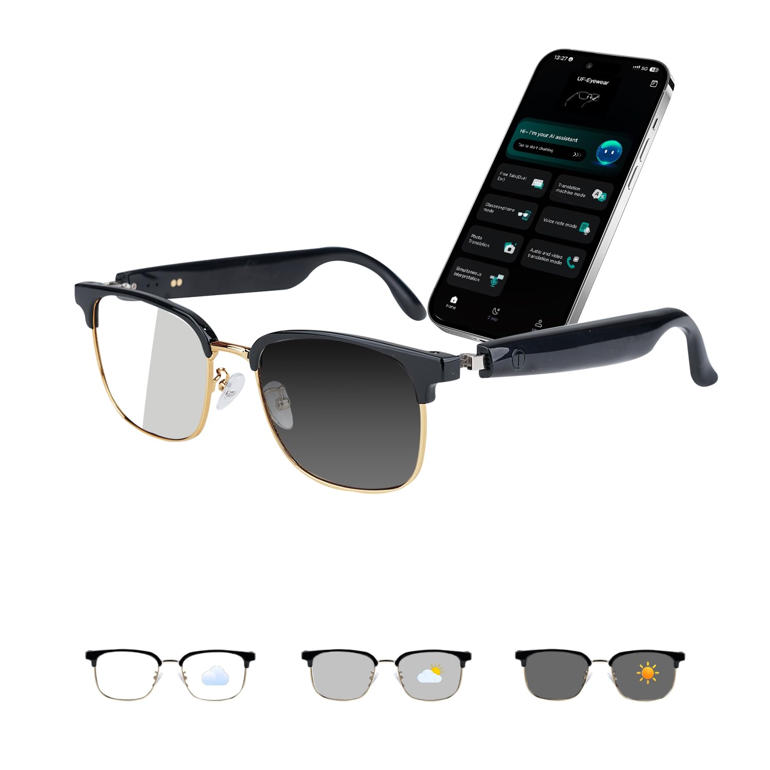 Lunettes Intelligentes IA avec Audio Bluetooth à Verres photochromiques - Traduction, Musique, Appels, Assistant Vocal, Haut-parleurs Open-Ear, Protection UV/Bleue. Unisexe (Doré)
