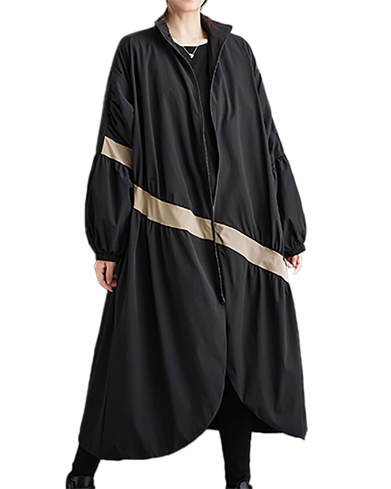 ellazhu Manteau Femme Col Montant Manches Longues Surdimensionné Fermeture Éclair Long Ourlet Fendu Imprimé Vêtement d’extérieur Poches Latérales GZ667