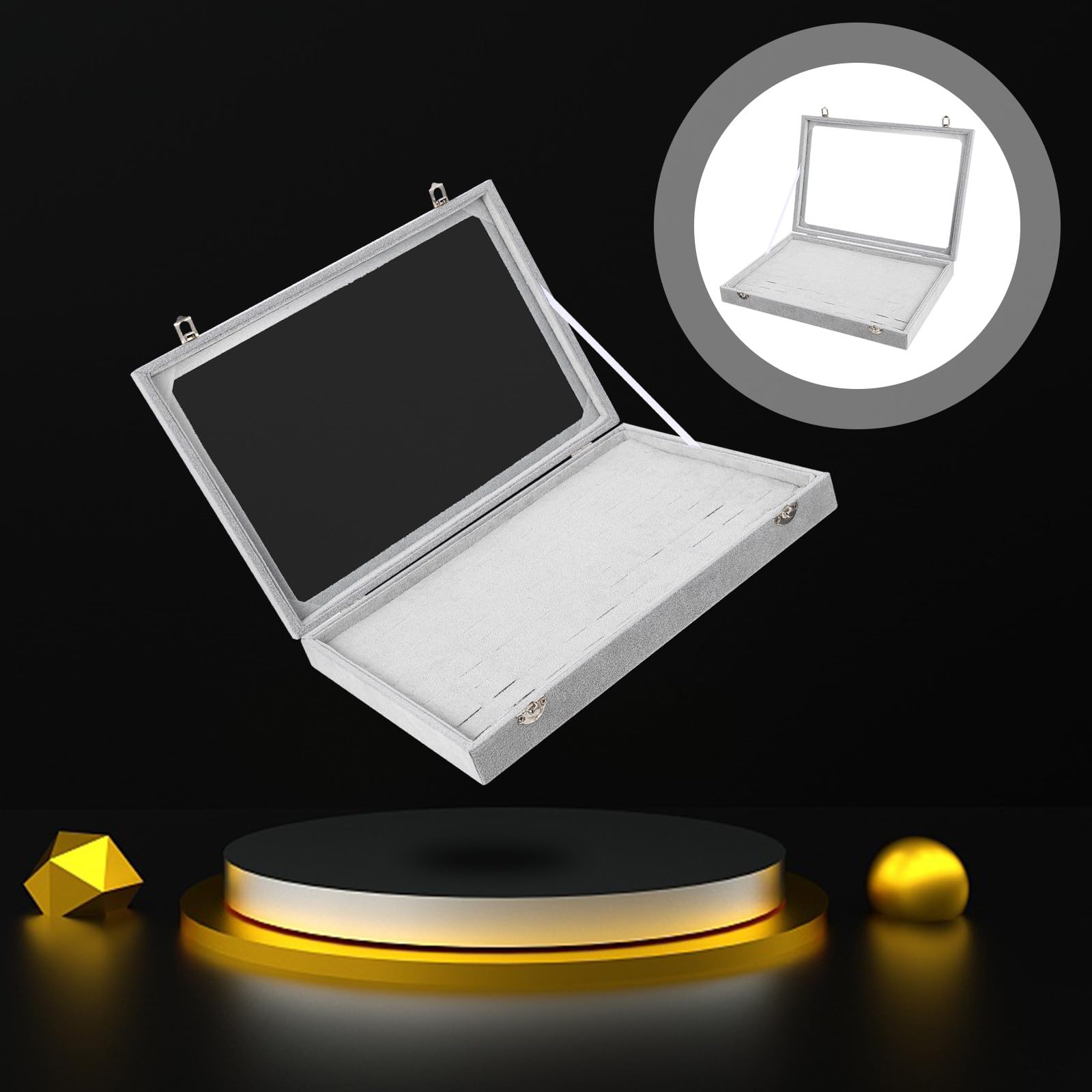Caja Organizadora para Anillos con Tapa Transparente 100 Ranuras para Exhibición y Almacenamiento de Joyas Bandeja de Terciopelo Gris para Organización en Tocador Vitrina