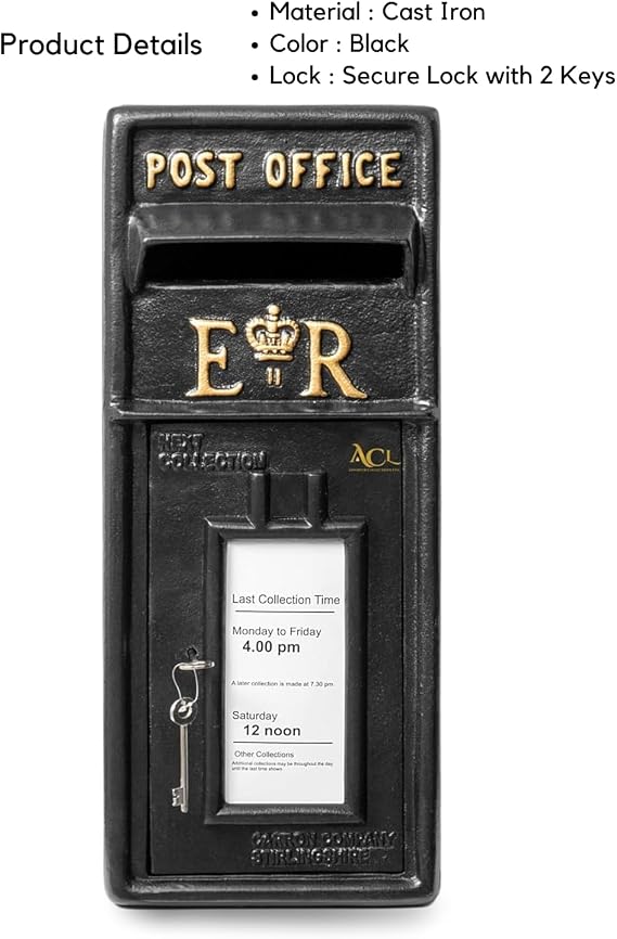 Assorted Collections Post Box ER Mail Box with Lock Wall Mount/Pillar Mount Post Box – Lockable Postage Box Durable Cast Iron Post Office Box (Black)