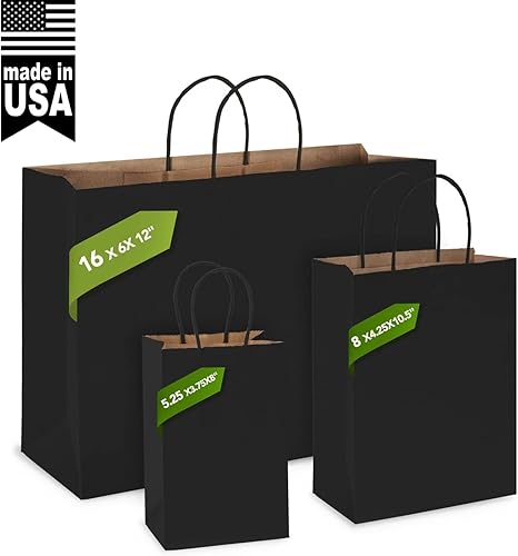 Miniatura 3 de MESHA Bolsas de papel de regalo de 8 x 4.75 x 10.5 pulgadas, bolsas de papel negro con asas a granel, 50 bolsas de papel kraft para pequeñas