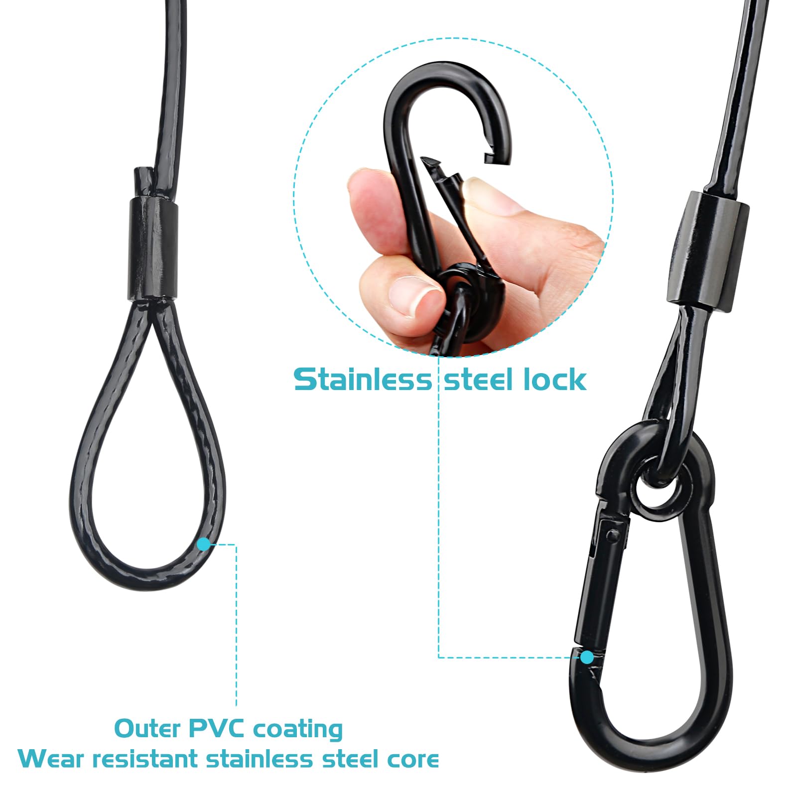 Câble Noir de Sécurité avec Boucles (lot de 6), Charge Max 25kg, pour Éclairage de Scène, Suspendus sur des traverses（diamètre 2mm/0.08in, longueur 30cm/11.82in)