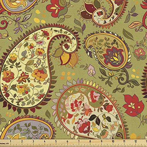Ambesonne Paisley Fabric by The Yard, Colorful Eastern Oriental Persian Inspired Pattern on Green Color Backdrop, Decorative Fabric for Upholstery and Home Accents, 1 Yard, Khaki Green