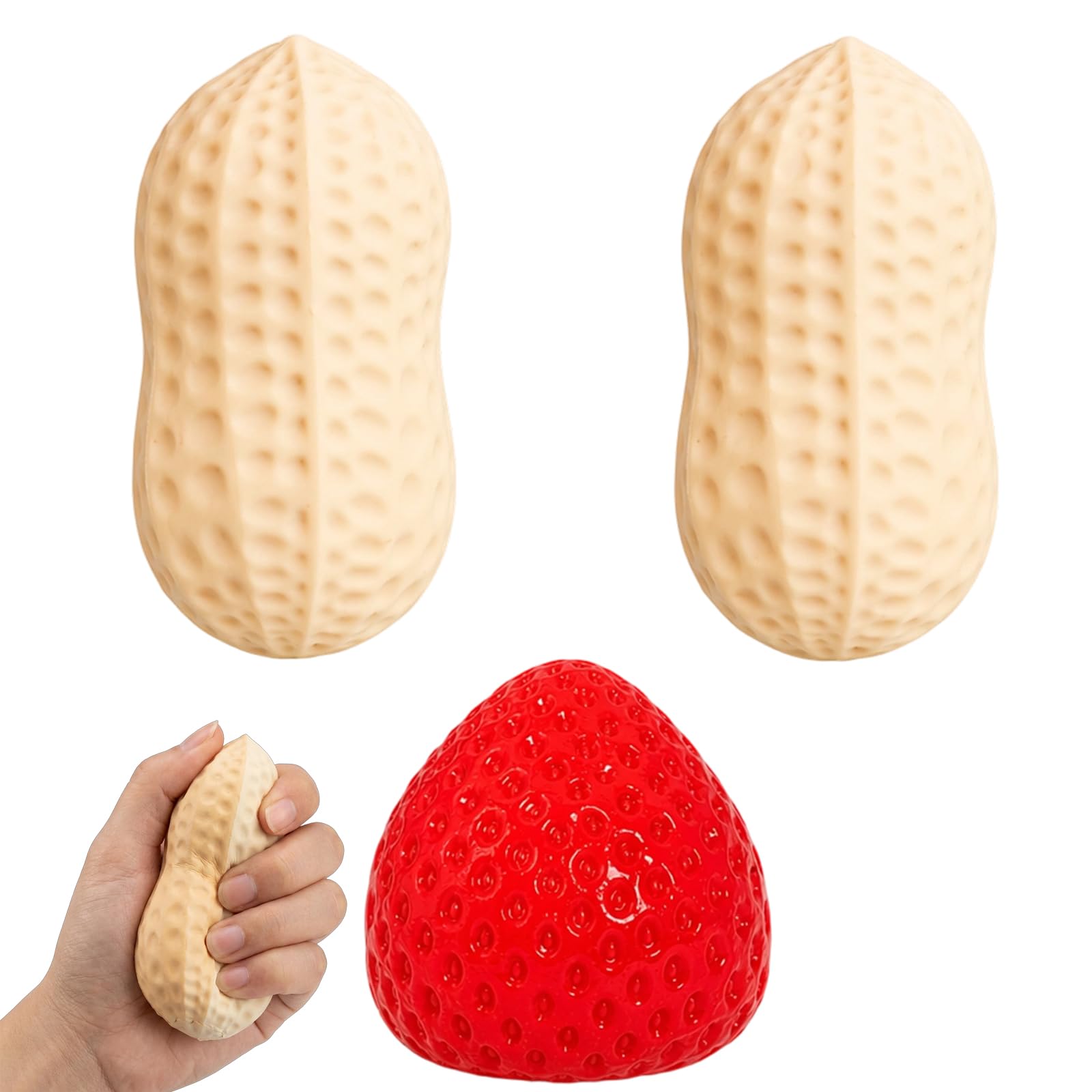 3PCS Peanut Squishy and Strawberry Squishy , for Office Desk and Classroom Focus, Anxiety Management, Portable Pocket Sized Squishies for All Ages