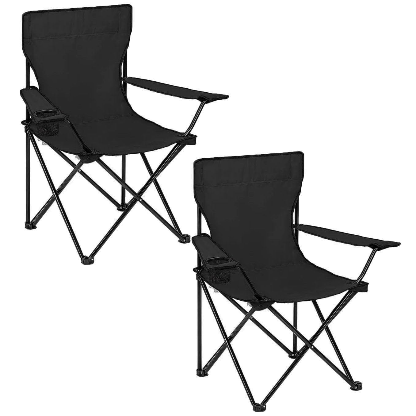 2 x Folding Camping Chair - Compact & Lightweight Folding Chair, 2.2kg, Portable Chair for Outdoors, Durable Steel Frame Arm Chair with Cup Holder Black