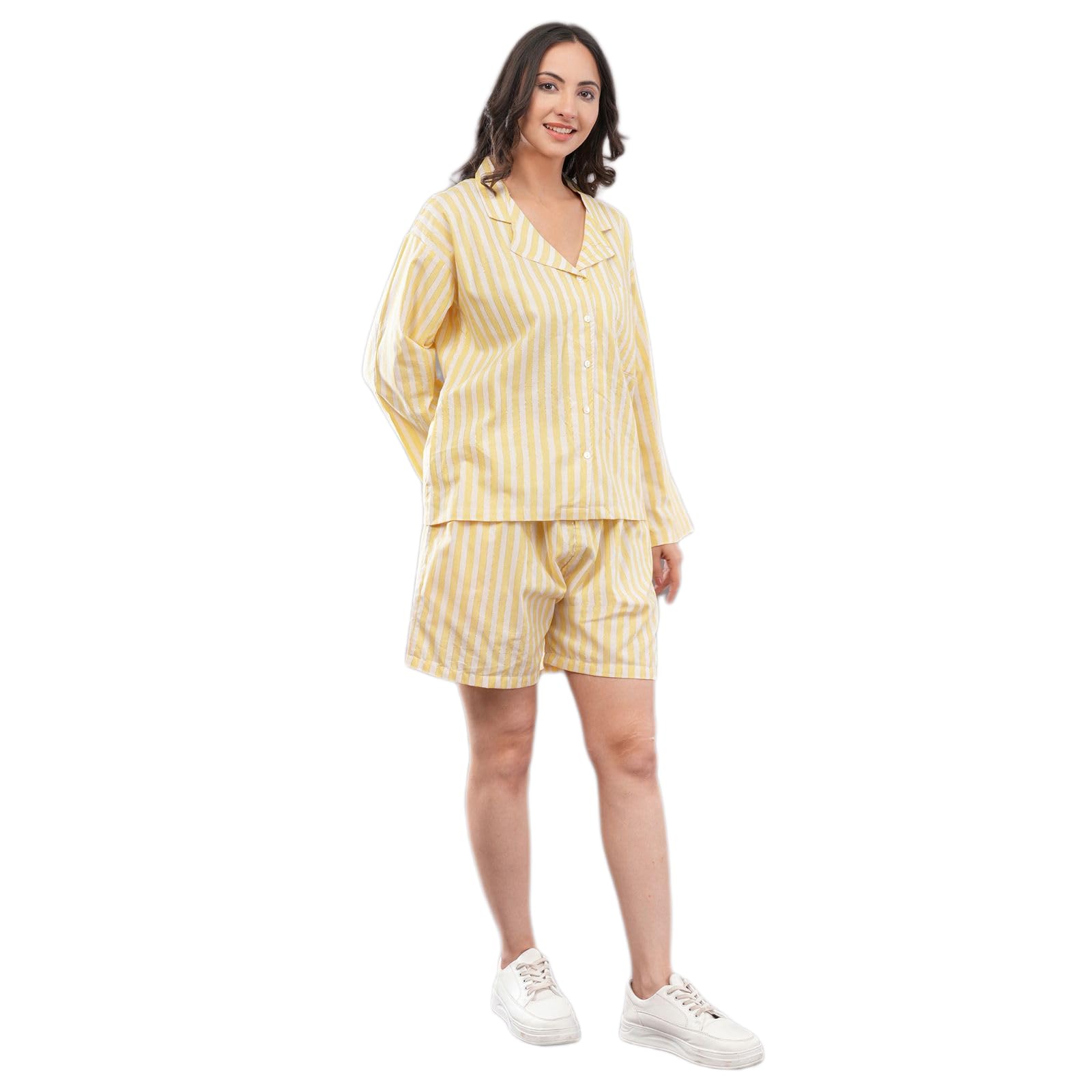 Women's Yellow Striped Lounge Co-ord Set | Full Sleeve Collared Button-Down Shirt with Shorts | Comfortable Casual Nightwear, Loungewear & Sleepwear Set for Women-image-44