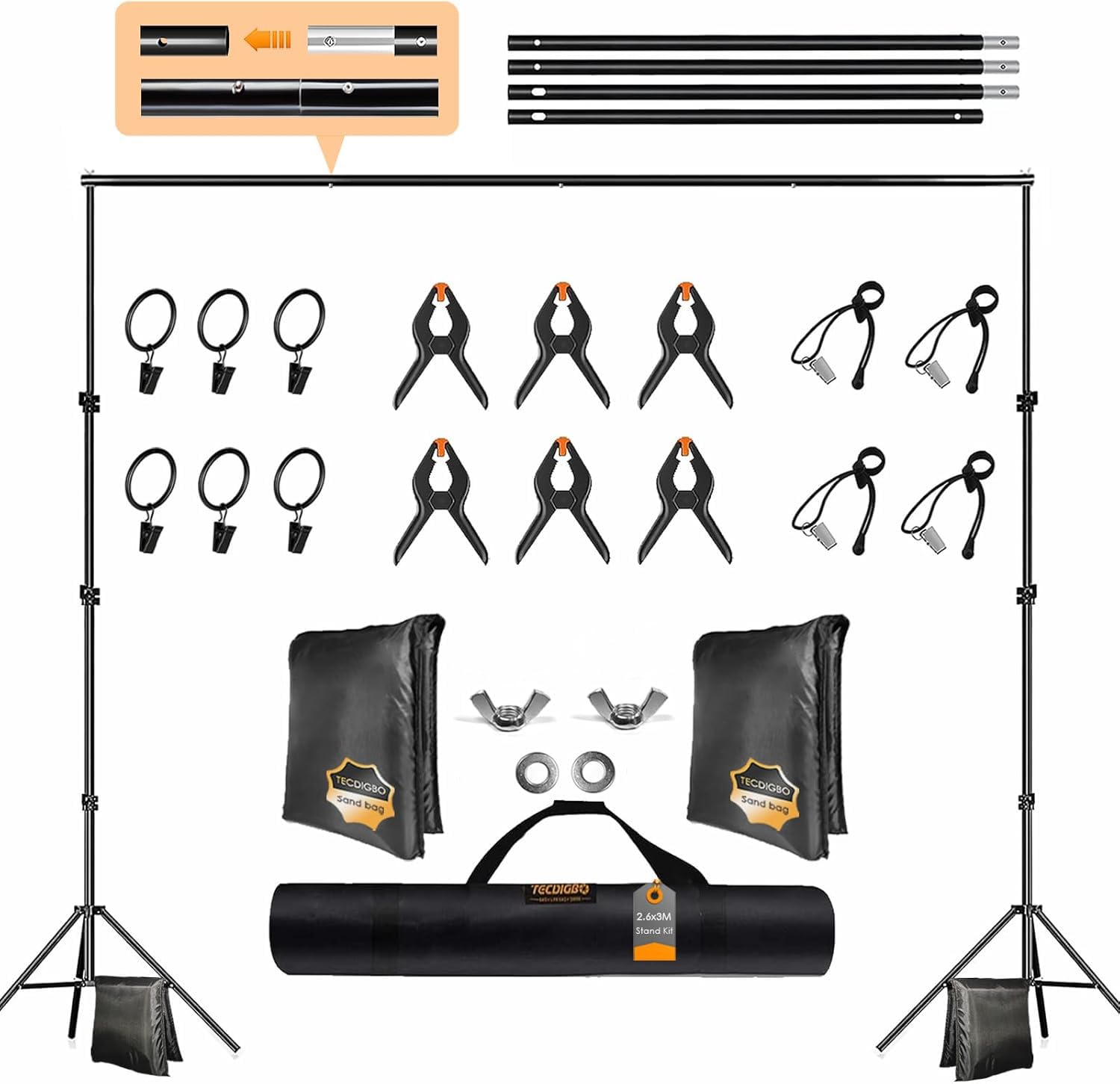 Support de Fond Réglable 2.6m*3 m avec 4 Barres transversales, 4 Clip Fort,2 Sacs Noirs,et 1 Sac de Transport pour Photographie Portrait & Studio, Diffusion en Direct, Mariage