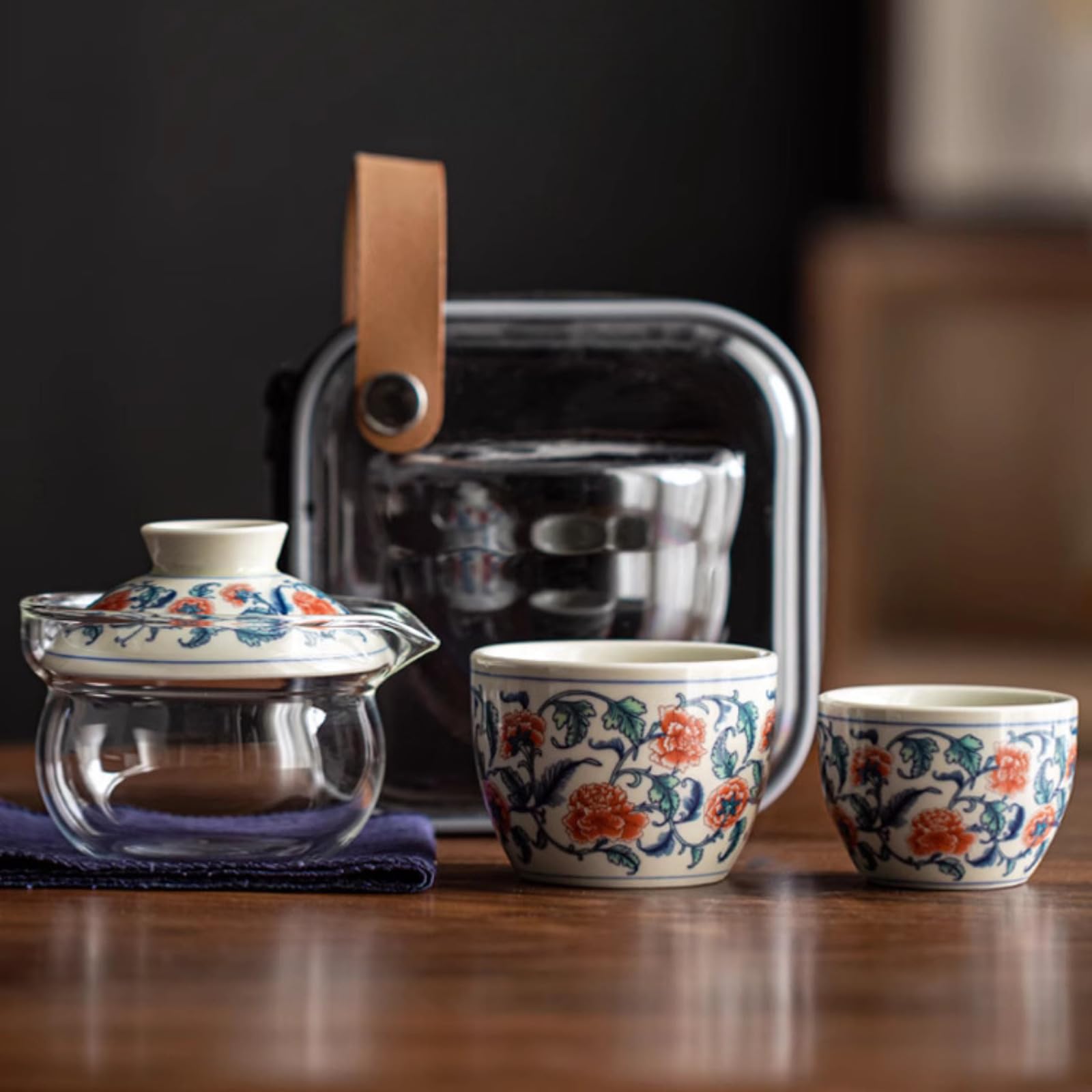 Ręcznie rysowany retro kwiat szklany czajniczek ręczny czajniczek 4 szt. zestaw, 125 ml 4 uncje, podróż na zewnątrz przenośny zestaw do herbaty kungfu