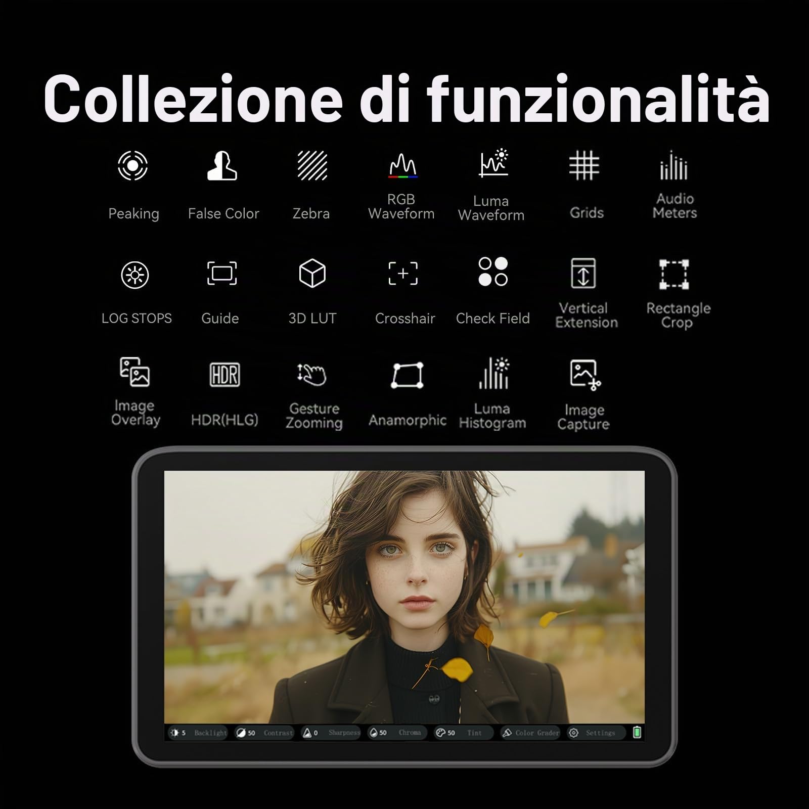 Portkeys LH7C Monitor da Campo 7" con Controllo Fotocamera Monitor Esterno HDMI 4K Touch Focus 1000 Nits Output 3D LUT, Cavi controllo e HDMI inclusi