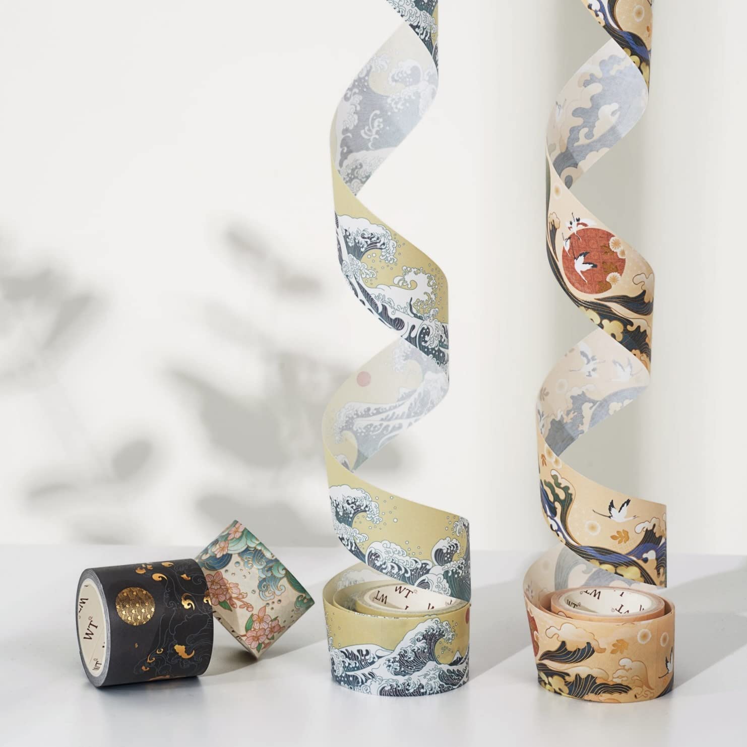 WT Waves of Rebun zestaw taśm Washi, 3 rolki, złota folia, szeroka dekoracyjna taśma maskująca, materiały do planowania Bujo, złota foliowa taśma rzemieślnicza, samoprzylepna taśma do pakowania, taśma papierowa DIY