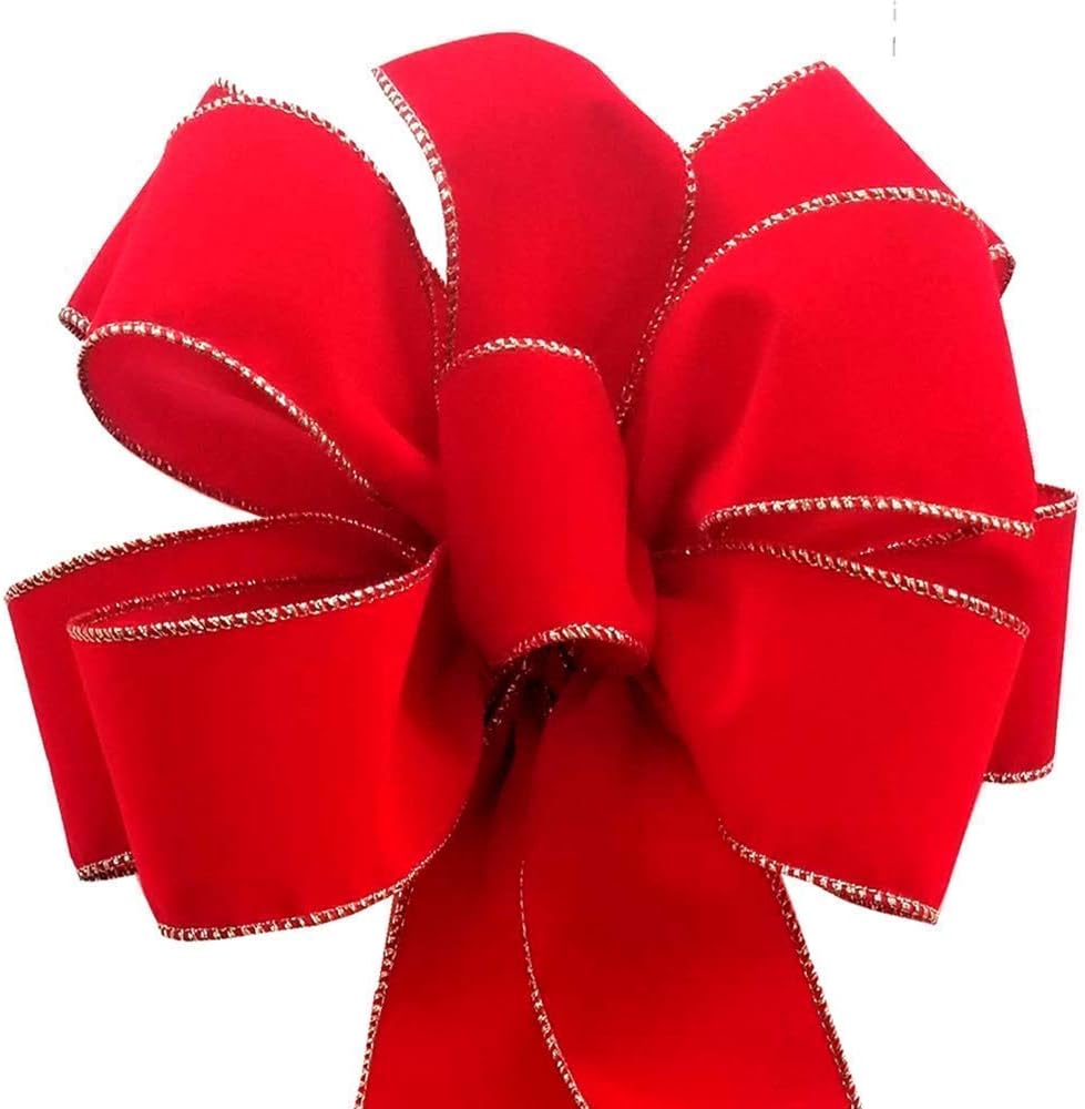 12-Pack 10"x26" Red Velvet Christmas Wreath Bows with Gold Wired Edge, Indoor/Outdoor Artisanal Décor