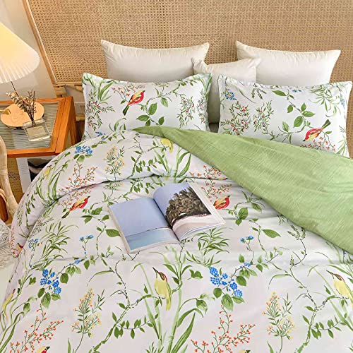 Nanko Queen Size Duvet Cover Set, Green Floral/Flower Leaf Bird Print Pattern, 3Pc 90X90 Microfiber Comforter Quilt Bedding Cover With Zip Ties - Spring Modern Farmhouse For Men And Women Teen Girl #TOP2