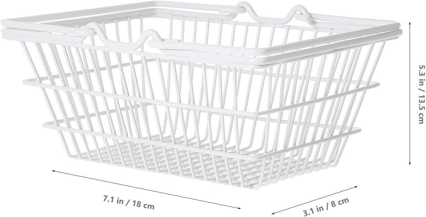 SEWACC Portable Handheld Storage Shopping Basket with Handles Design, White Iron Desktop Organizer for Storing Kitchen Utensils and Spice Jars, Practical Home Storage Solution