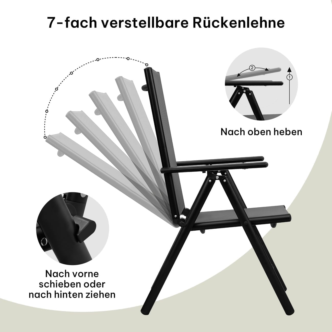 eSituro 2er Gartenstuhl Hochlehner Klappbar 7-Fach Verstellbare Rückenlehne Klappstühle 150 kg Belastbar Campingstuhl Balkonstuhl Klappsessel Garten Terrasse, Schwarz Grau