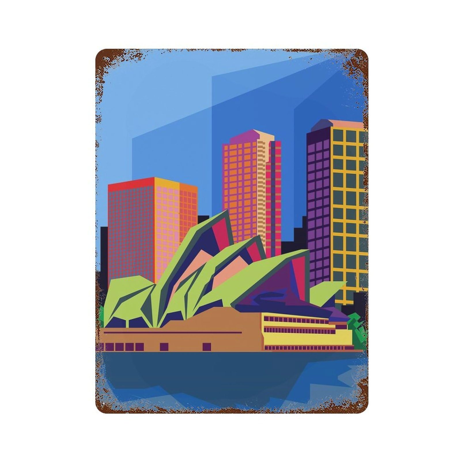 Rust Effect Opera House Sydney Pop Art Rusty Metal Tin Sign 15.7"x11.8", Rustic Home Decor for Bistro, Counter And Cafe Decor