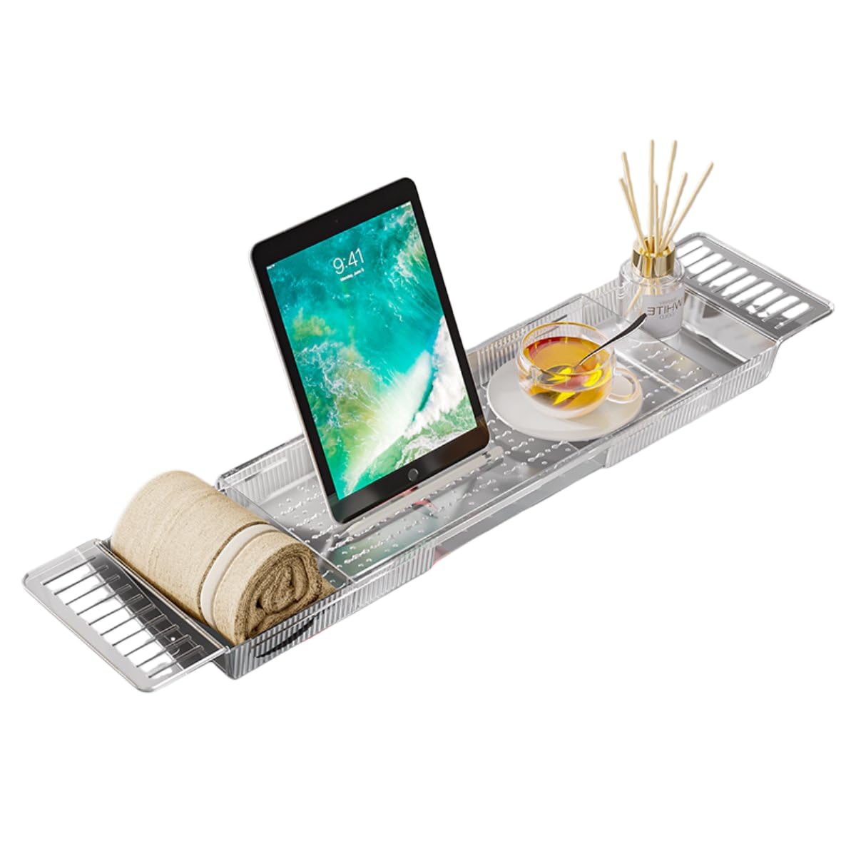 Wysuwana taca do wanny, antypoślizgowy organizer łazienkowy z wodoodpornym uchwytem na tablet i stojakiem na kieliszki do wina do domowego spa, relaksu i samoopieki