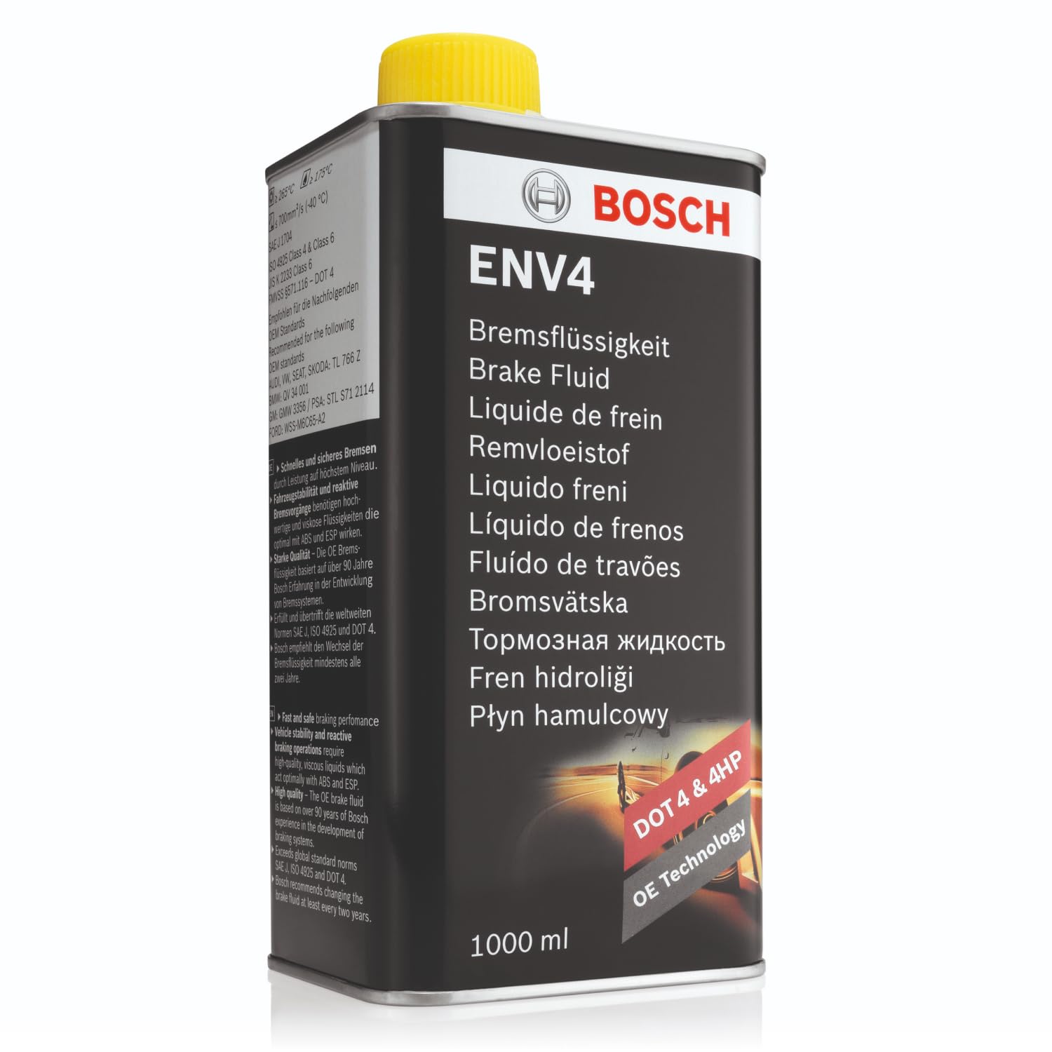 Liquido Freni Bosch ENV4, 1 L – Per tutti i veicoli moderni con freni ABS e ESP – Qualità Bosch – Compatibile con DOT 3, 4 e 4 HP/LV