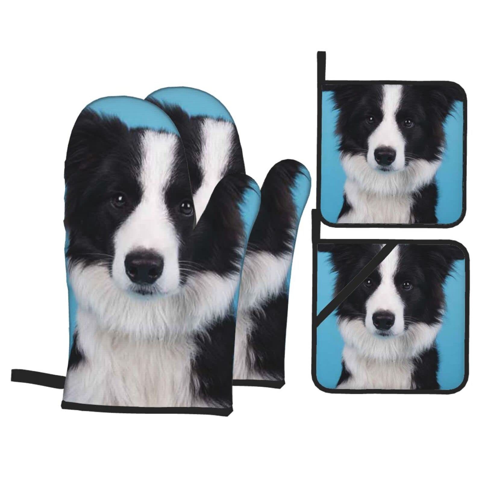 Border Collie Print Kitchen Baking Four Piece Set of Heat Resistant Thick Cotton Oven Mitts for Cooking, Baking and Grilling