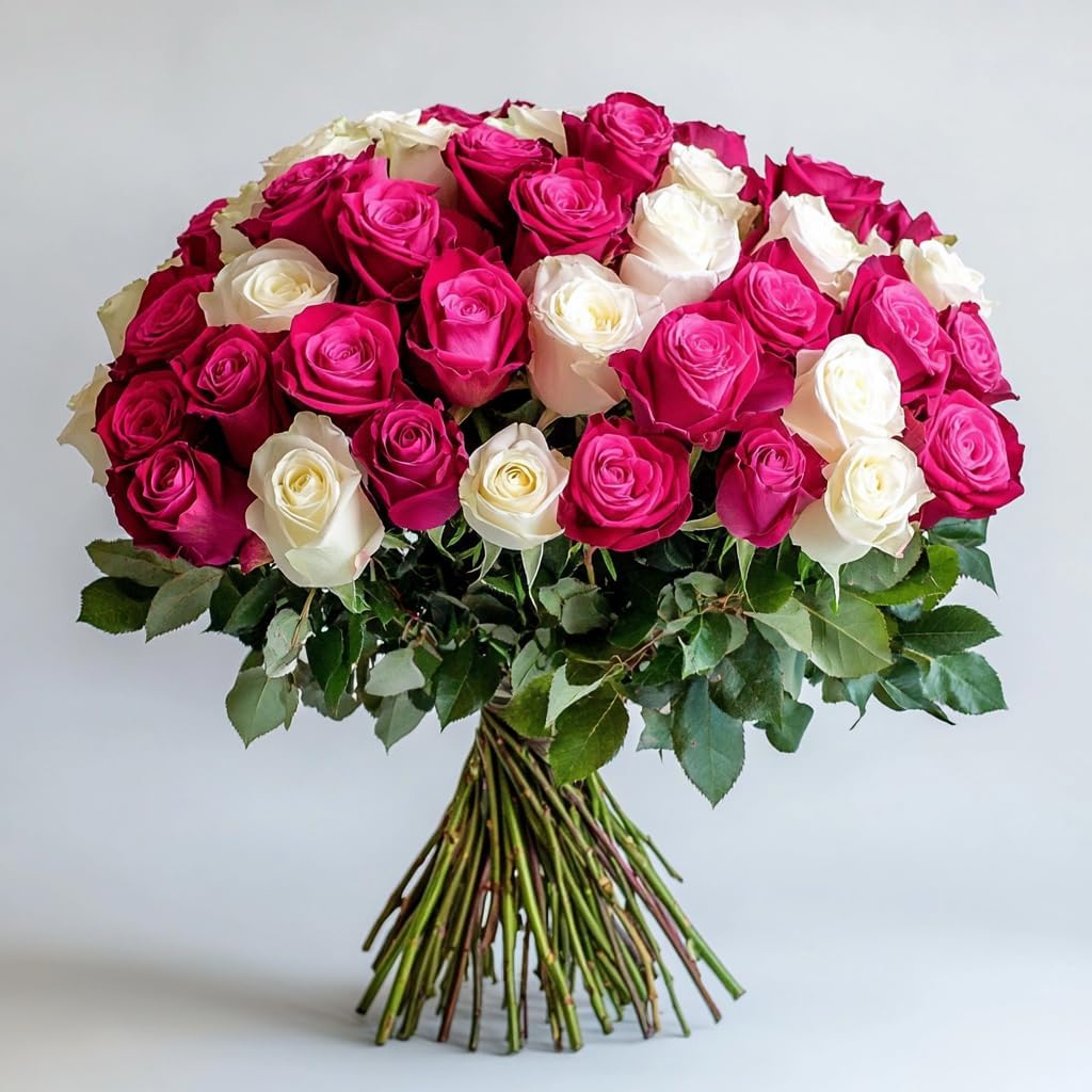 GlobalRose 50 Fresh Cut Roses - 25 Hot Pink & 25 White - Fresh Flowers Bouquet - Flowers for Anniversary