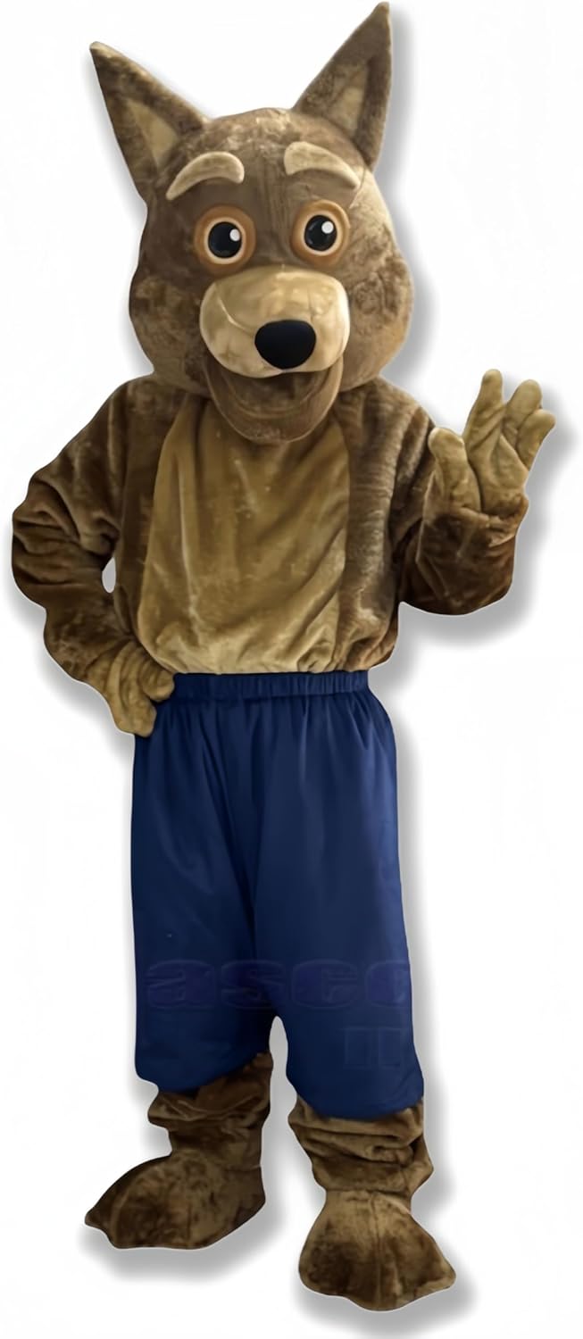Coyote in Blue Pants Mascot Costume Animal - Sports Fan Gear for School Spirit, Cheerleader Accessories for Football, Homecoming