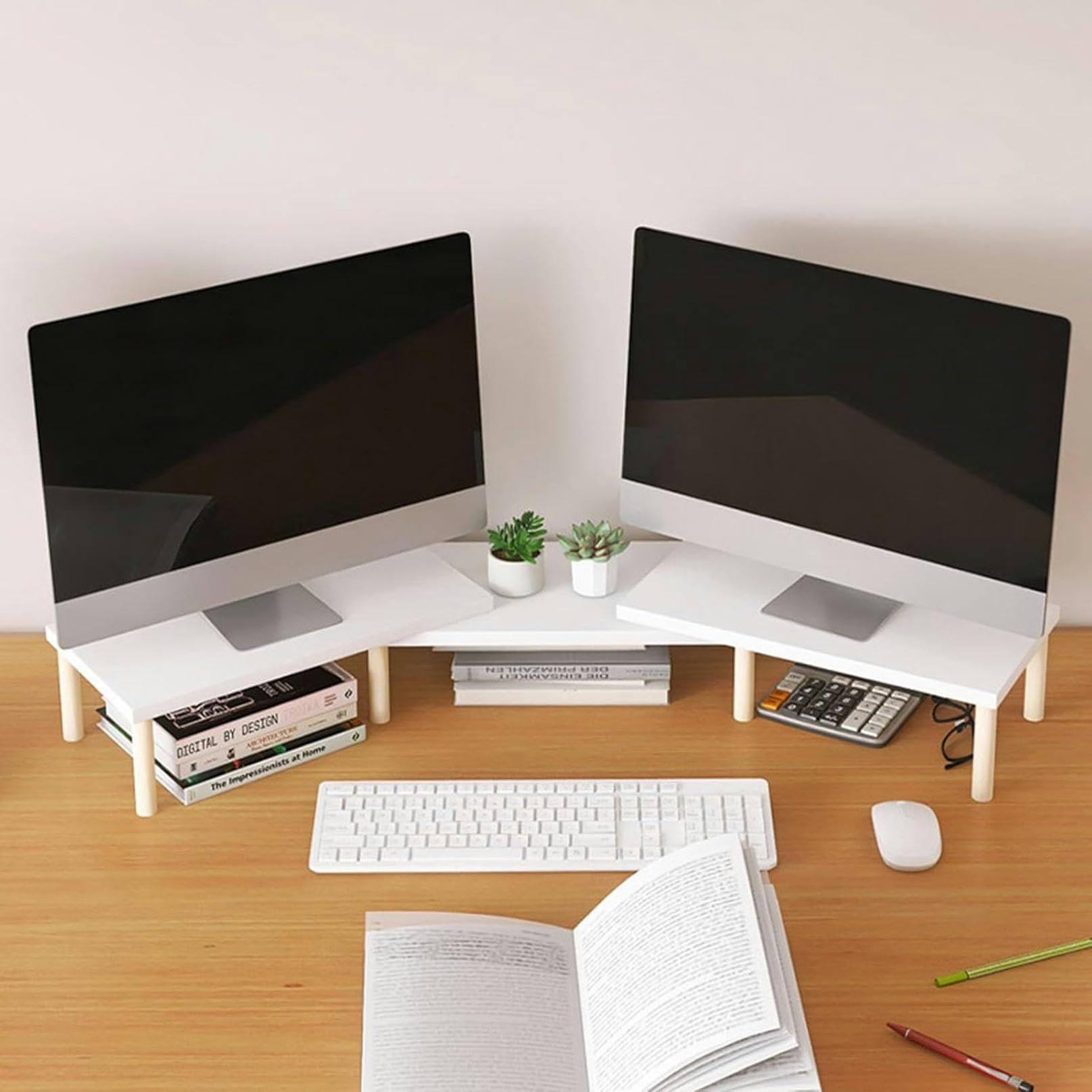 Supporto per monitor da scrivania ad angolo, Ripiano angolare for scrivania in legno bianco a doppia alzata, regolabile in lunghezza, ripiano sovrapposto for organizer da scrivania for laptop/schermo/