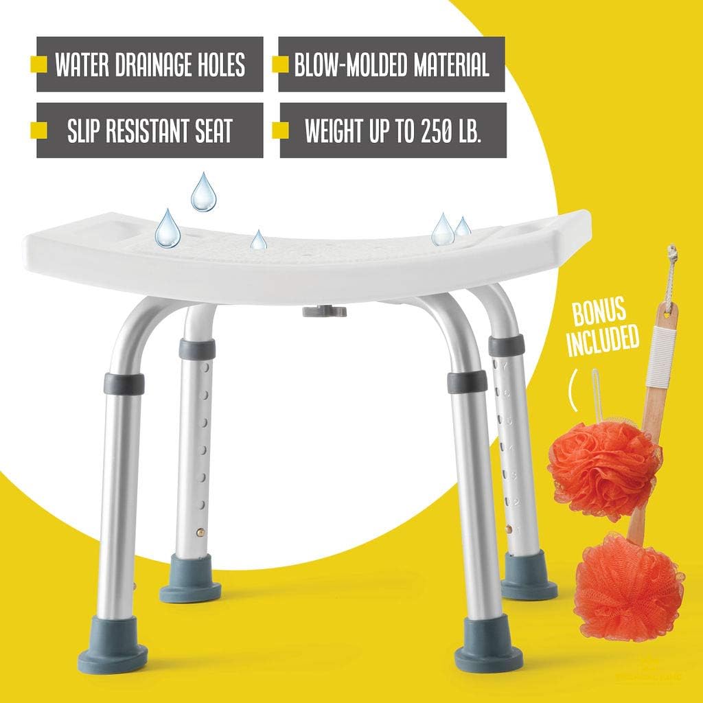 Shower Chair - with Back Scrubber & Additional Sponge - Tool Free Shower Chair for Elderly - with 8 Adjustable Heights - Portable Anti Slip Bath Chair for Elderly : Health & Household