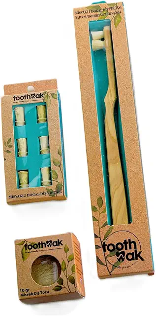 Toothwak Miswak Natural Toothbrush with 6 Replacement Heads & Powder - Eco-Friendly Oral Care