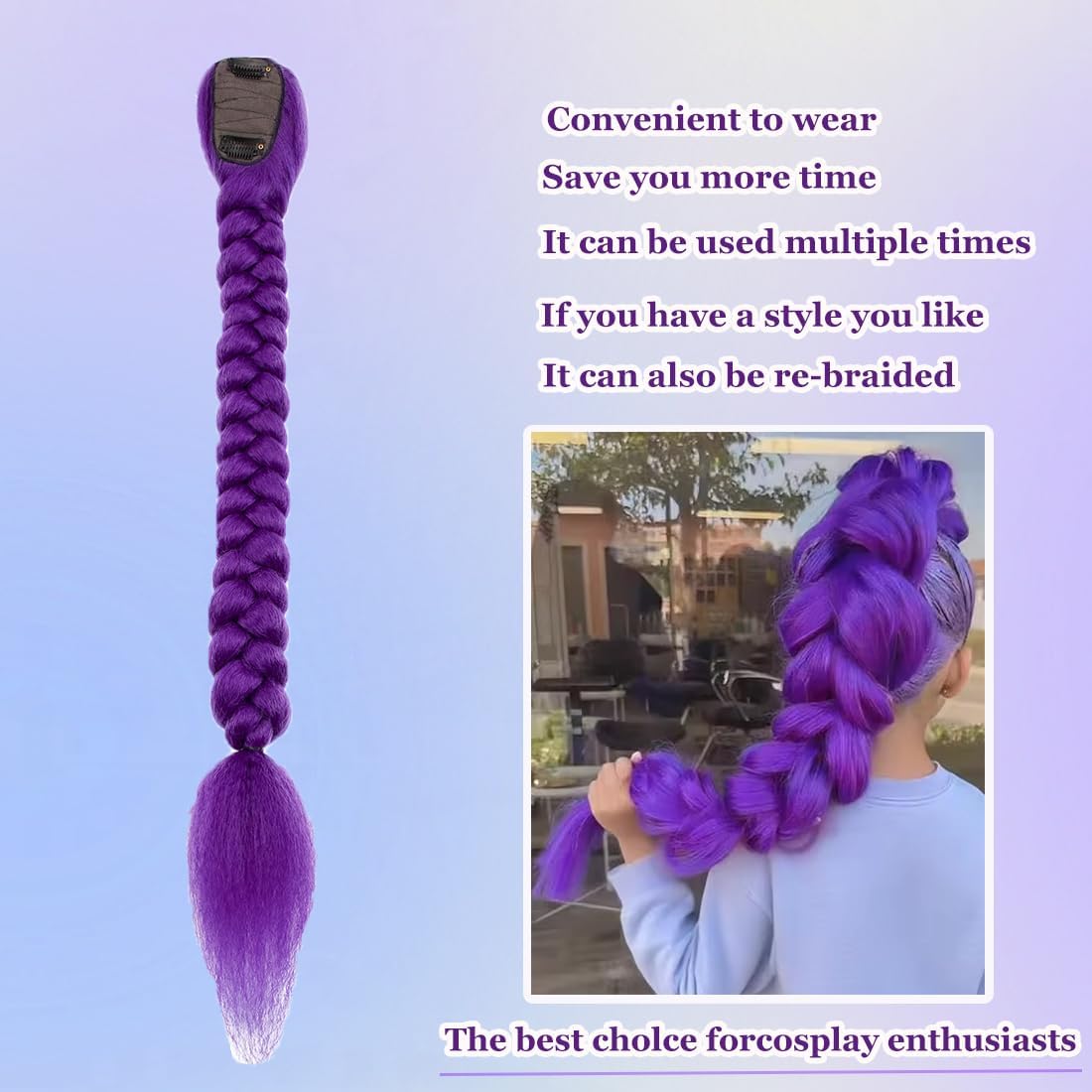 26 Inch Long Purple Braid Ponytail Extensions Braids Easy Clip in Ponytail Hairpiece for Cosplay Stage Party Halloween Costume - Image 4