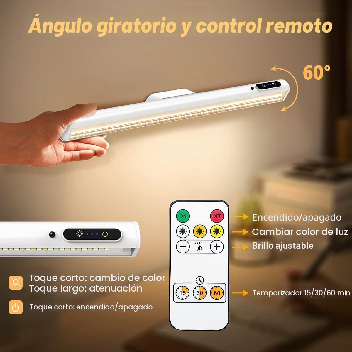 Flexo LED Escritorio, 4000mAh Barra de Luz Armario USB Recargable, Lampara Escritorio Bateria Pared Magnetica Sin Cable con Mando a Distancia, Luces Pilas Inalambrica para Cocina Mesa Espejo
