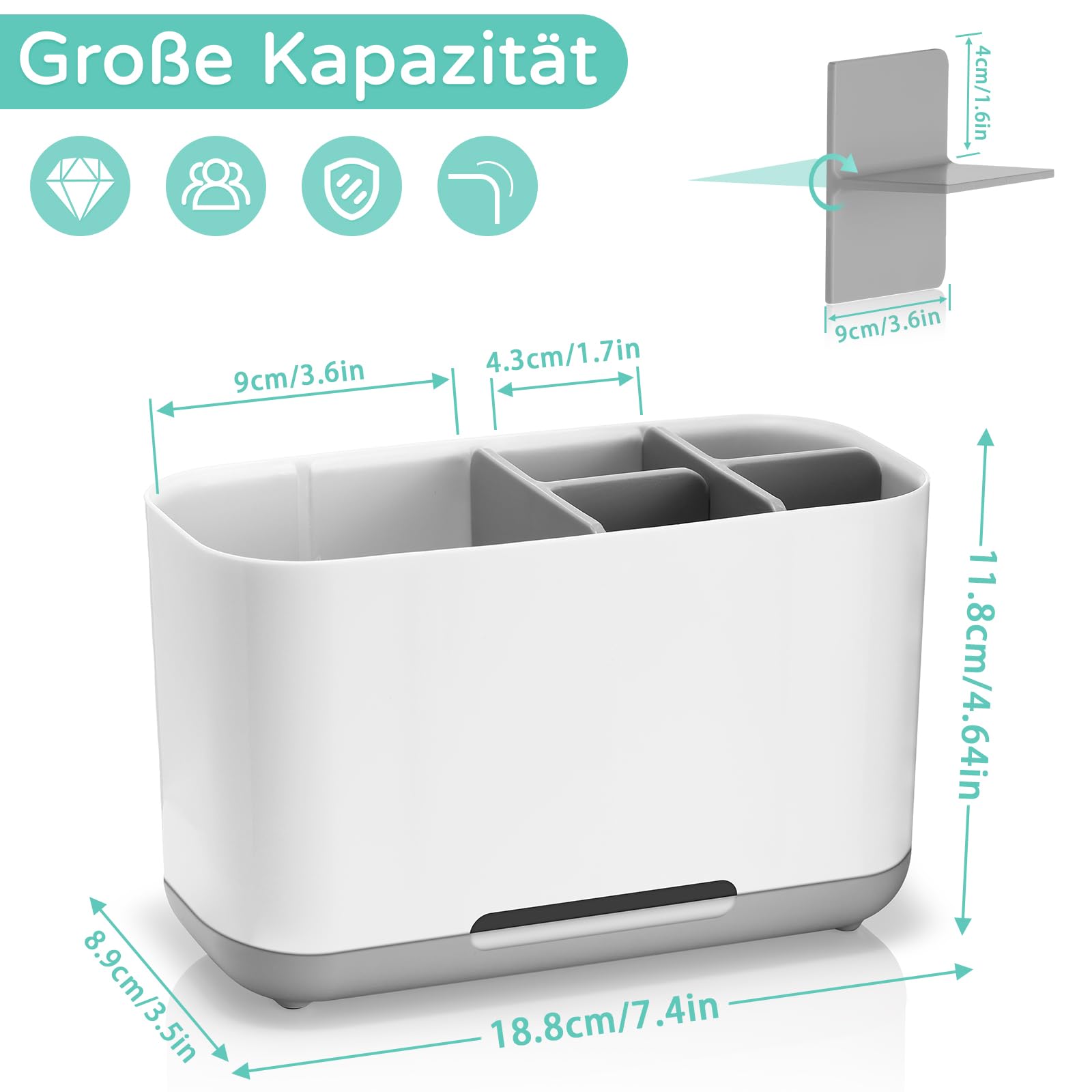 Uchwyt na szczoteczki do zębów, elektryczny organizer na szczoteczki do zębów, regulowany stojak na szczoteczki z tworzywa sztucznego z antypoślizgowym dnem, 4 przegródki na szczoteczki do zębów + 2