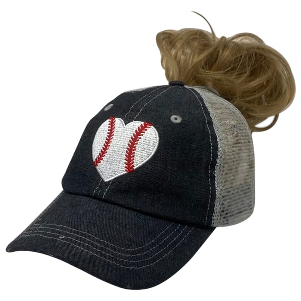 Cocomo SoulMessy Bun Embroidered Baseball Heart Baseball Love Baseball Mom Mesh High Ponytail Bun Opening Style Hat Cap Dark Grey