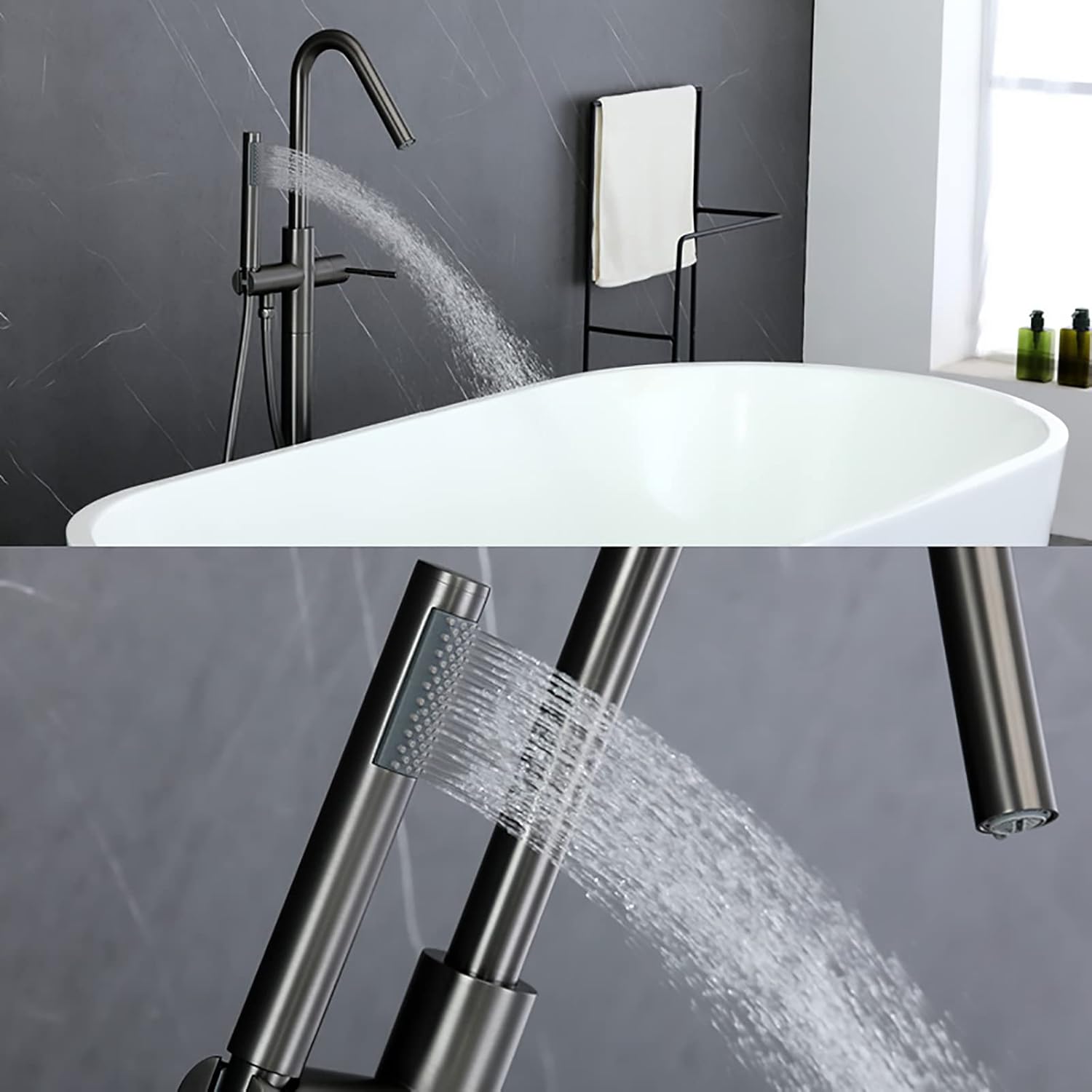 Swivel Freestanding Bathtub Faucet Floor Mount Tub Filler Single Handle Mounted Brass Mixer Tap with Hand Shower, Hose,White(Gun Gray)