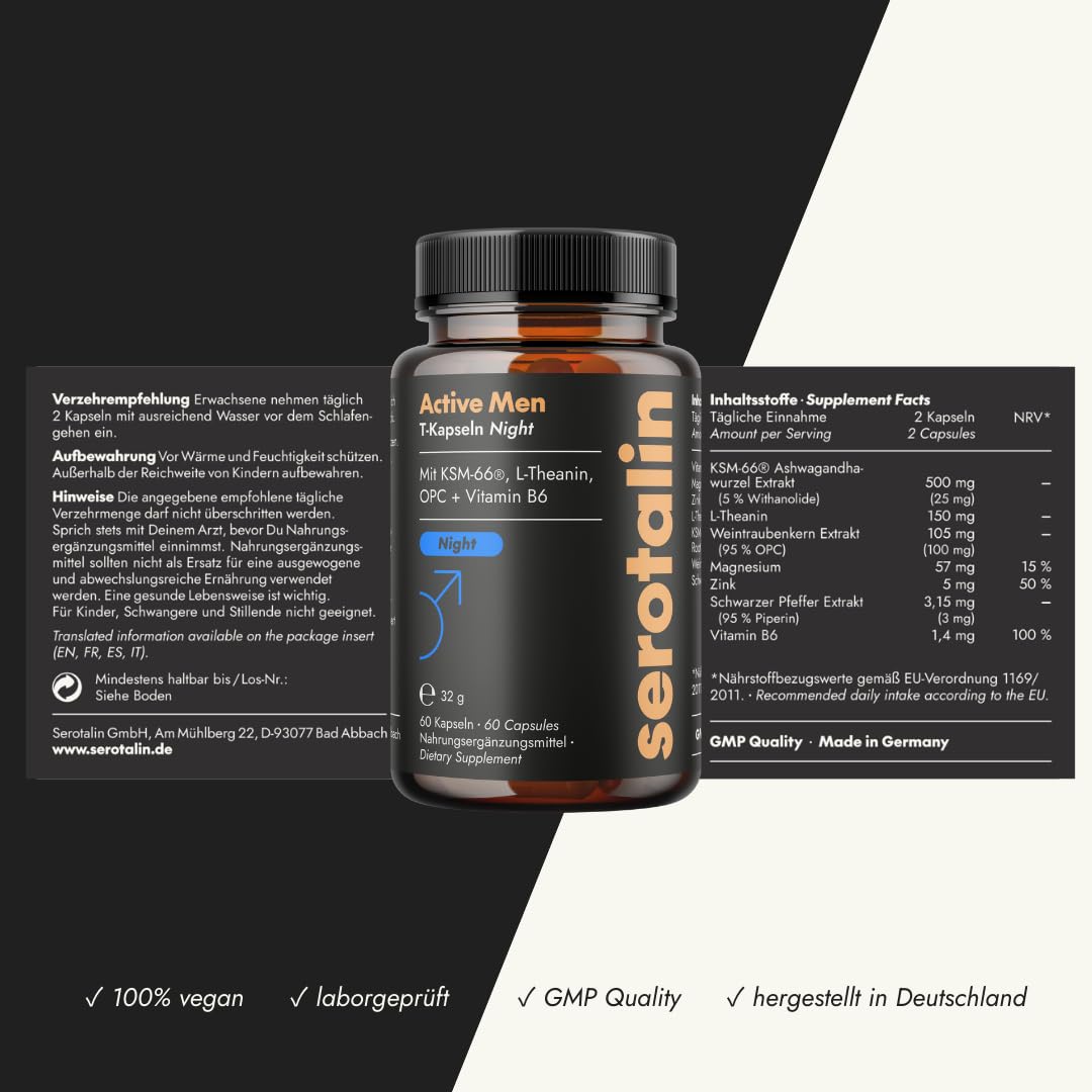 serotalin Men Day & Night Vorteilspaket - Active Men T-Kapseln mit Maca & Night mit Ashwagandha hochdosiert - Made in Germany - 2 x 60 Kapseln