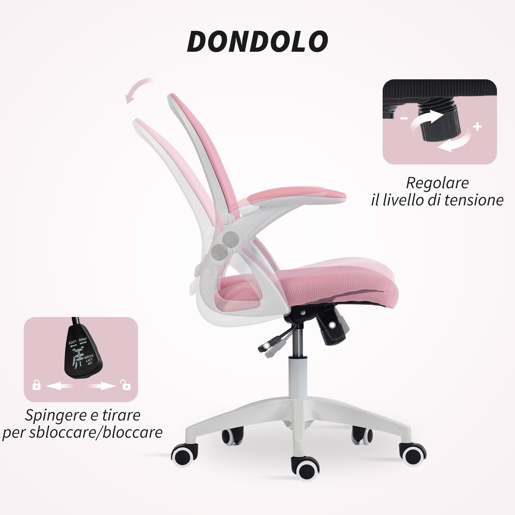 Vinsetto Sedia Ufficio con Funzione Dondolo, Braccioli Regolabili, Rosa | Altezza Regolabile, Sedia Scrivania con Schienale a Rete, Ruote, Seduta Imbottita, 65.5x61.5x88-97.5 cm