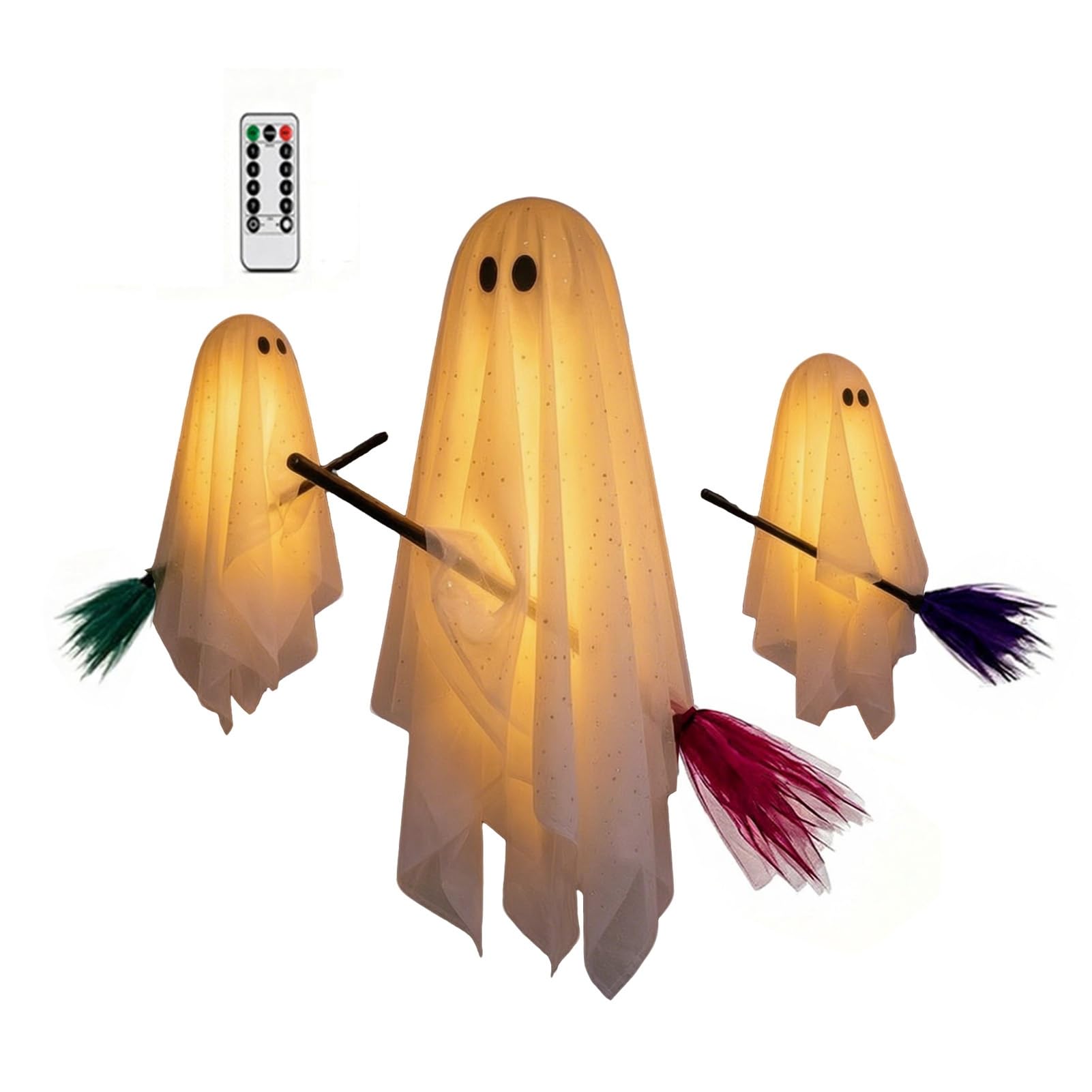 sugerou Halloween Decorations Outdoor, 3 Pcs Halloween Ghost Decorations, Spooky Hanging Ghost with Broom, Large Flying White Ghosts for Tree Porch Yard Patio Decor B
