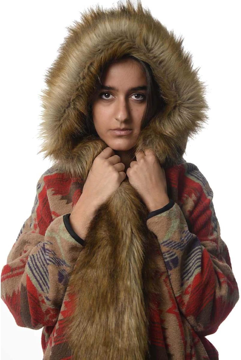 Aztec Hooded Coat with Faux Fur Trim at