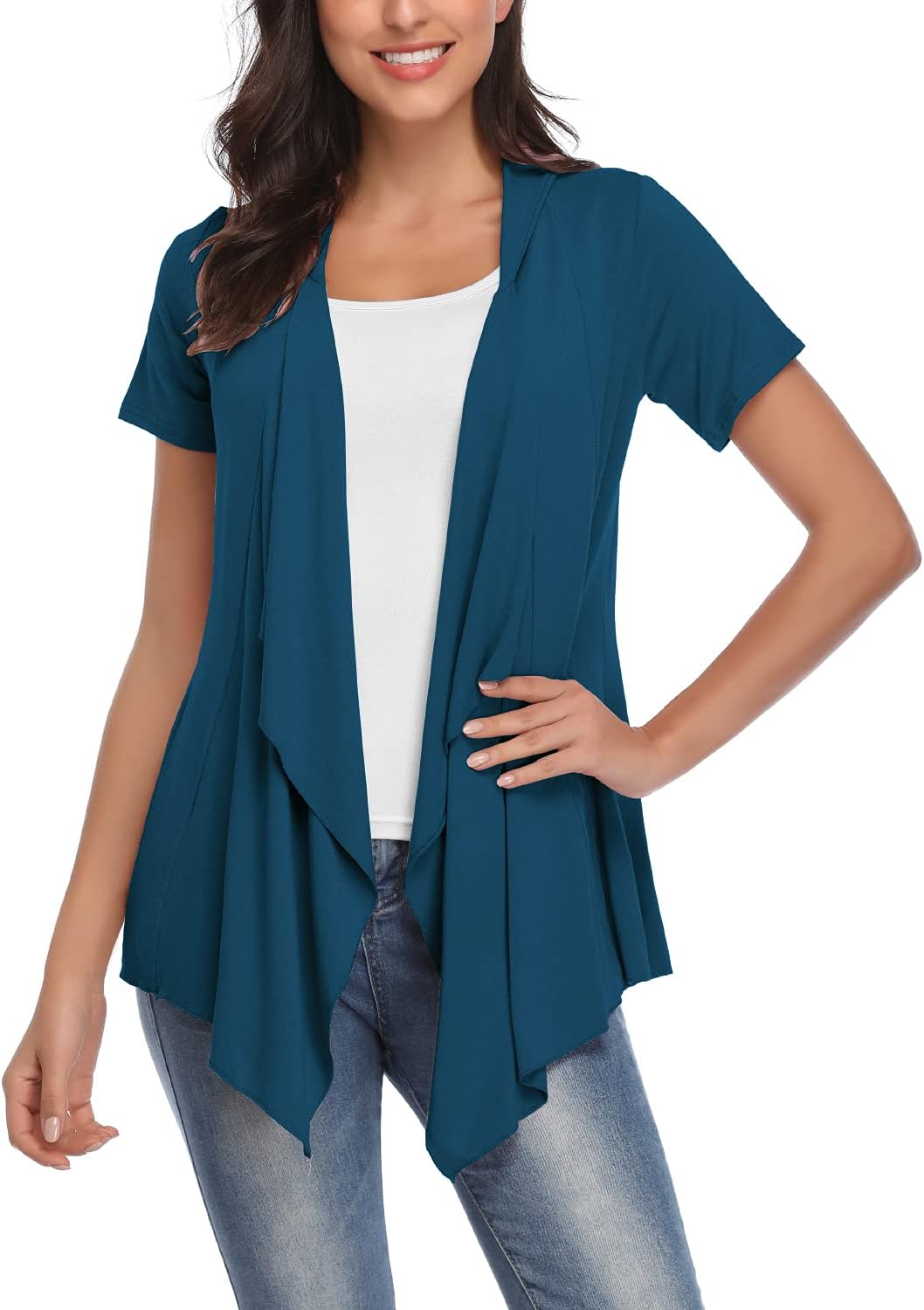 Womens Short Sleeve Open Drape Front Cardigan for Women Irregular Hem Summer Vest - Image 5