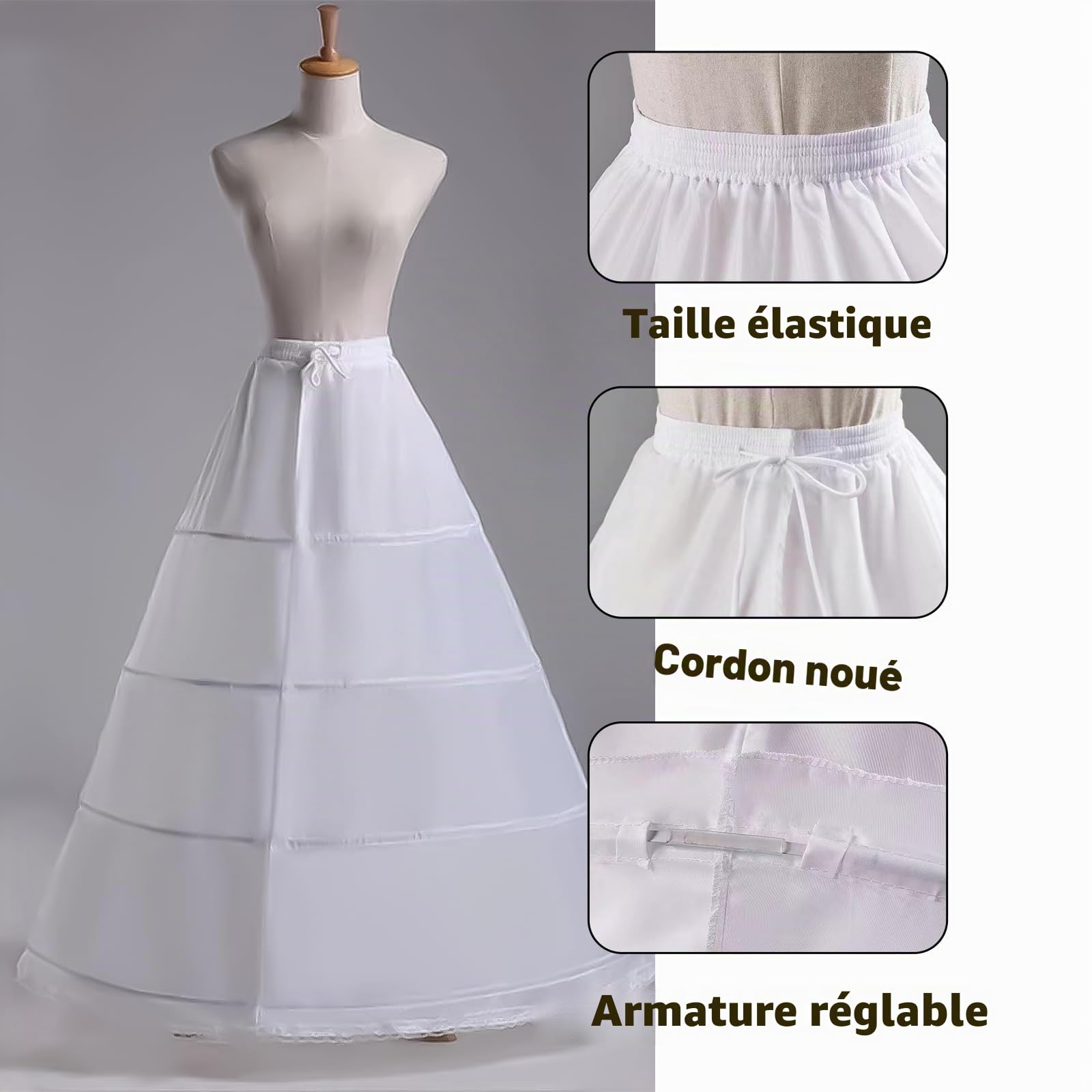Jupon Robe De Mariée -Jupon à 4 cerceaux pour Femme - Longueur au Sol - Crinoline - Blanc - Élégance et Confort