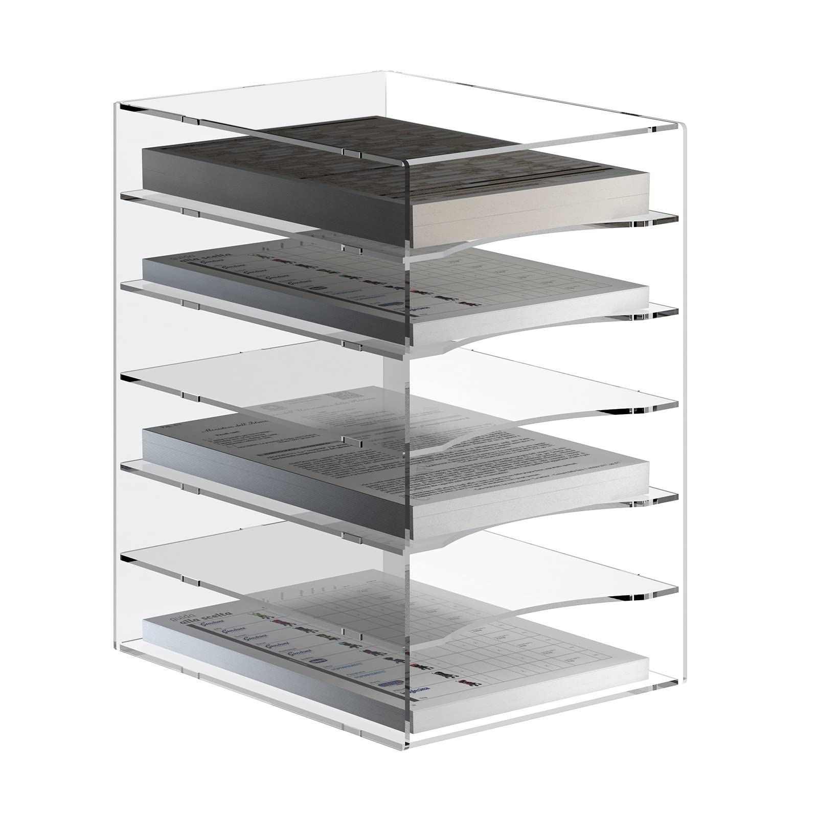 Vaschetta portadocumenti in plexiglass trasparente a 6 ripiani per documenti A4 - Misure totali: L 32.5 x P 25 x H 39 cm